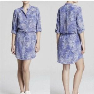 Size 4 Rebecca Taylor 100% Silk Blue Animal Print Drawstring Waist Shirt Dress